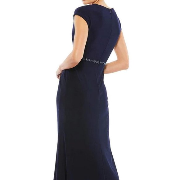 Mac Duggal Navy Blue Crystal Belt Jersey Gown - Picture 3 of 5